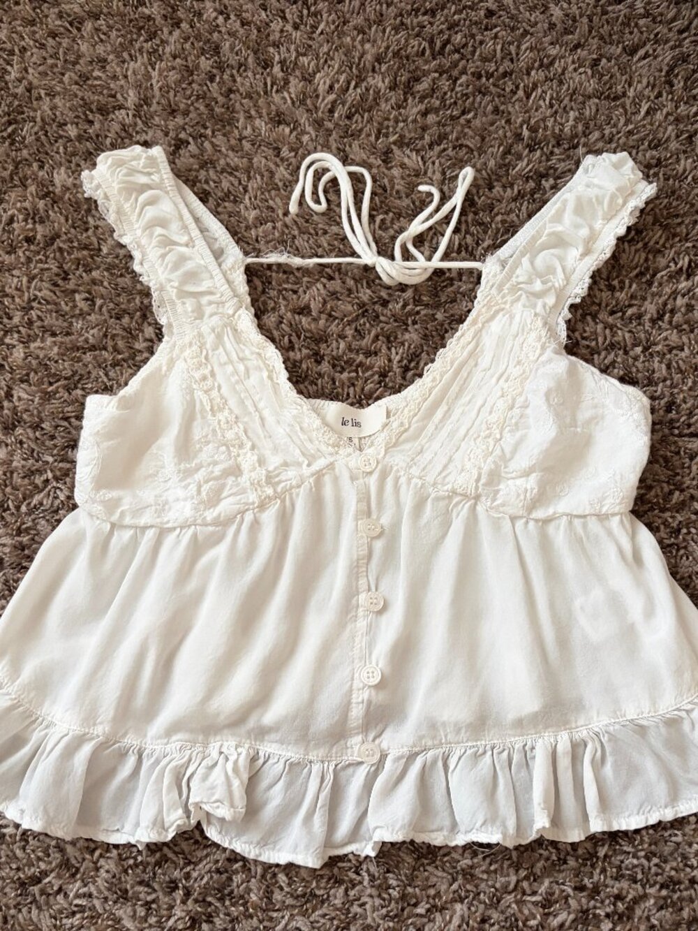Le Lis White Lace Trim Button Front Babydoll Top Size Extra Small